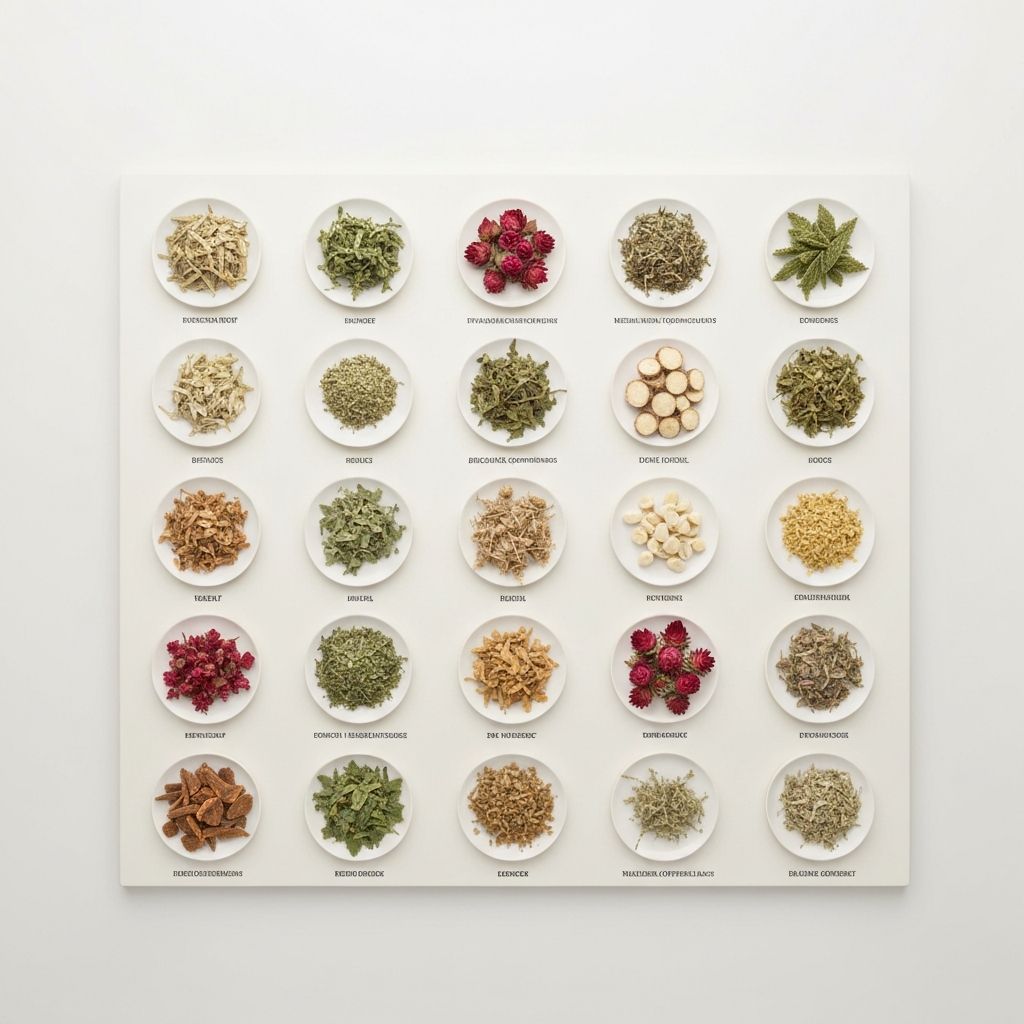 Array of natural botanical ingredients and plant materials arranged for formulation