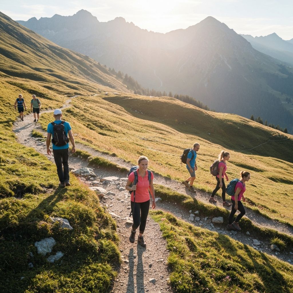 People engaging in natural outdoor activities in an alpine environment